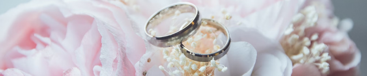 Wedding rings resting on soft pink roses